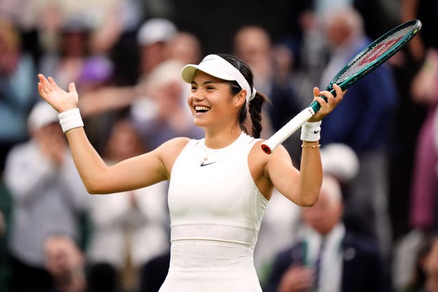 Emma Raducanu reacts after beating Maria Sakkari (Zac Goodwin/PA)