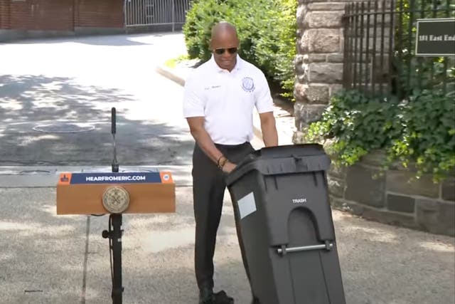 <p>New York City Mayor Eric Adams unveils the next step in a ‘trash revolution’ on Monday: a new wheelie bin</p>
