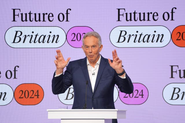 <p>Sir Tony Blair speaking at the Tony Blair Institute for Global Change’s Future of Britain conference in central London (Yui Mok/PA)</p>