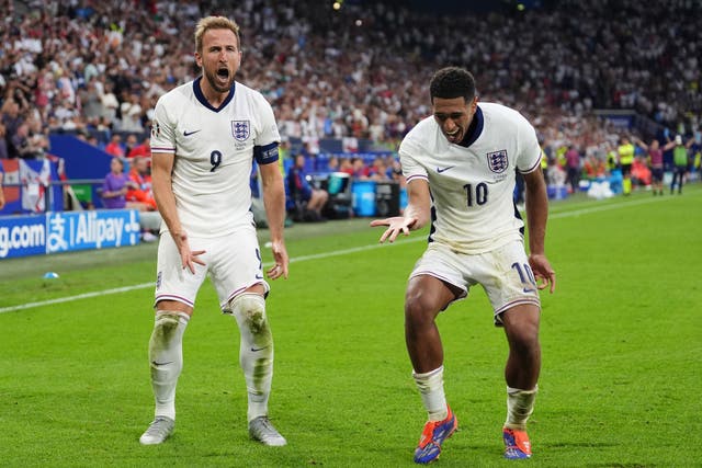 Harry Kane and Jude Bellingham celebrate after England’s second goal against Slovakia (Bradley Collyer/PA)