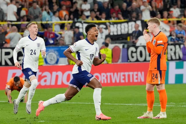 <p>England’s Ollie Watkins celebrates after scoring</p>