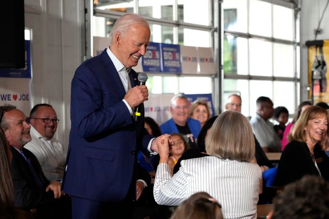 <p>President Joe Biden speaks to supporters at Garage Grill & Fuel Bar during a campaign stop in Northville, Michigan, on July 12, 2024</p>