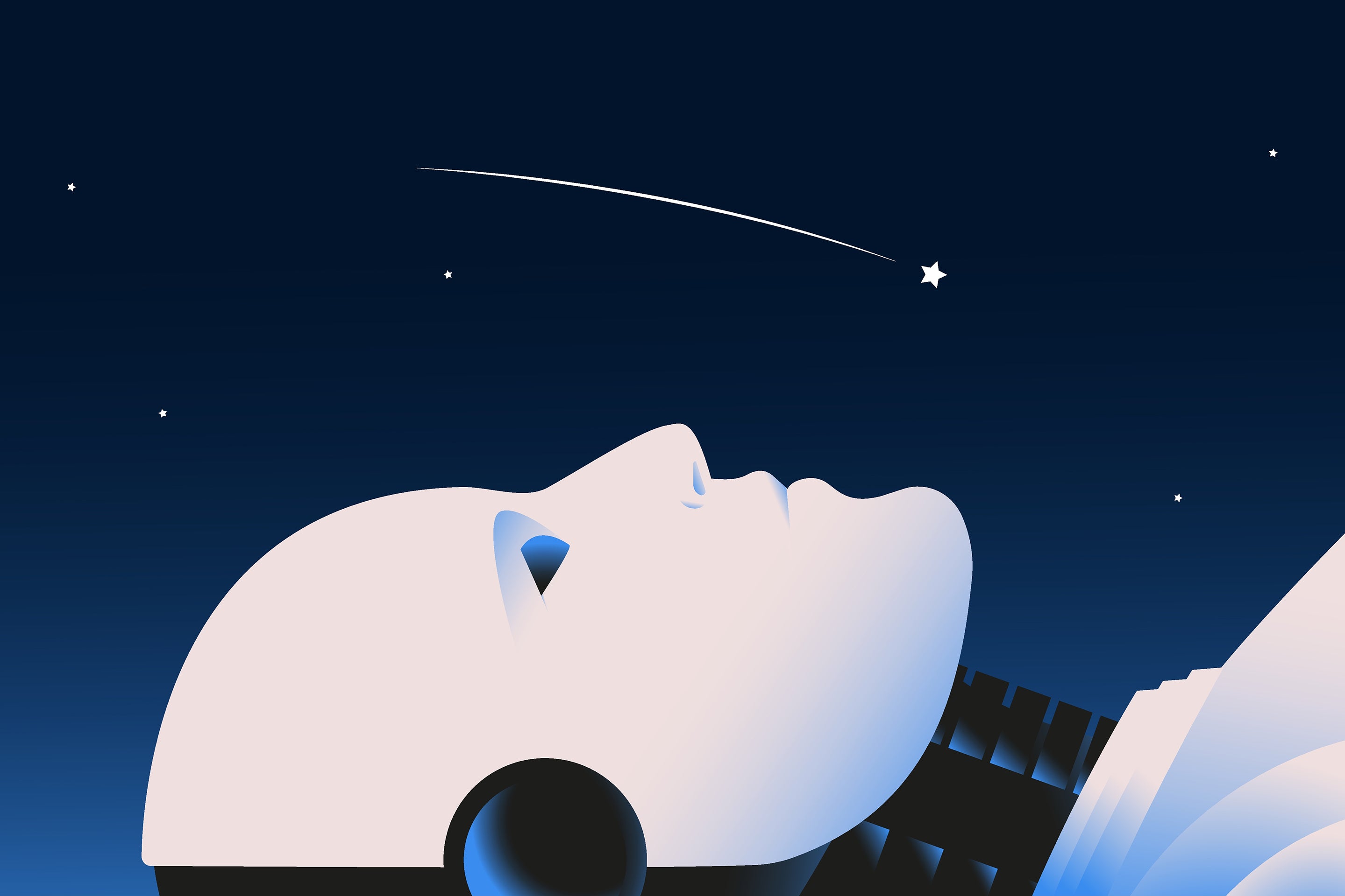 Vector illustration, chatbot or AI concept showing profile of a humanoid robot looking up at the night sky with a shooting star while laying down