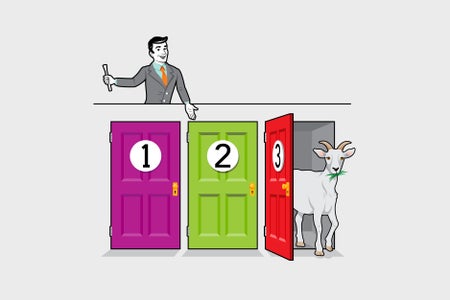 Game host gestures towards three doors. Two doors are closed. One is open, revealing a goat.