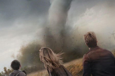 Twisters (2024) movie poster showing three people and a tornado