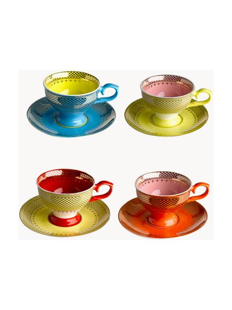 Espressotassen Grandma mit Untertassen, 4er-Set, Porzellan, Hellgelb, Orange, Blau, Rosa, Ø 8 x H 6 cm, 90 ml