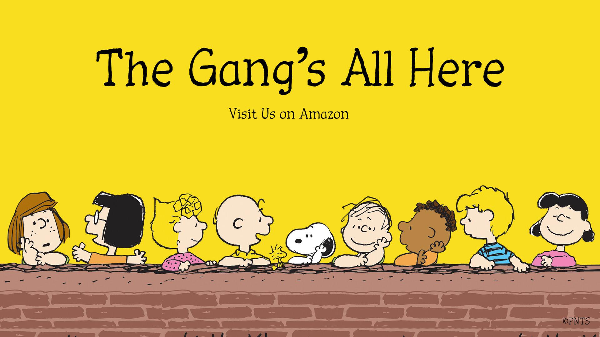 "The Gang's All Here Visit us on Amazon" and drawings of children leaning on a brick wall