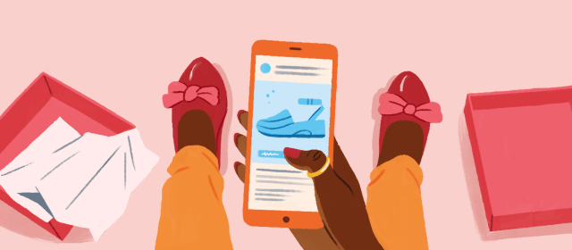 An open shoebox, a new pair of shoes and a hand holding a phone that shows an ad for shoes.