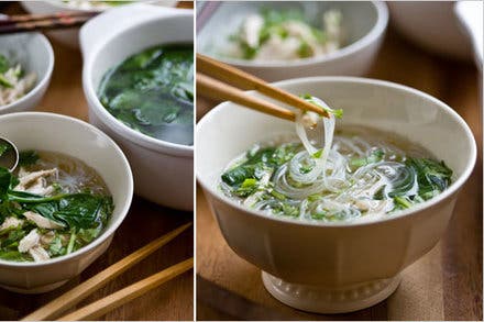 Meal in a Bowl With Chicken, Rice Noodles and Spinach