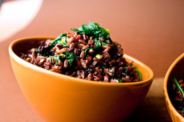 Red and Black Rice With Leeks and Pea Tendrils