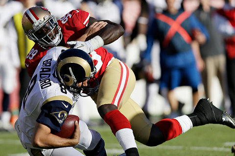 49ers linebacker Aldon Smith has 19 ½ sacks in 13 games after recording 14 in his rookie season.