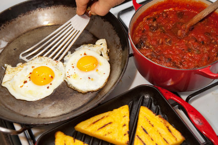 Image for Grilled Polenta With Spicy Tomato Sauce and Fried Eggs