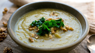 Image for Leek and Turnip Soup With Kale and Walnut Garnish