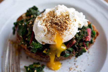 Bruschetta With Chard or Spinach, Poached Egg and Dukkah