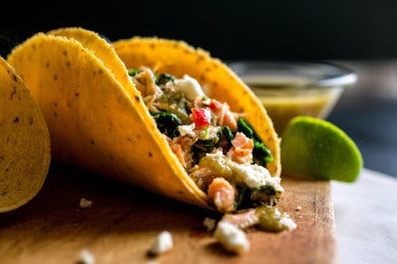 Salmon Tacos With Greens and Tomatillo Salsa