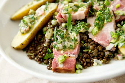 Warm Lentil and Smoked Pork Belly Salad