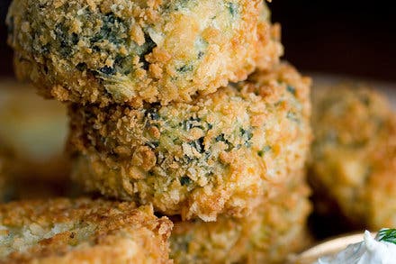 Potato, Salmon and Spinach Patties With Garlicky Dill Cream