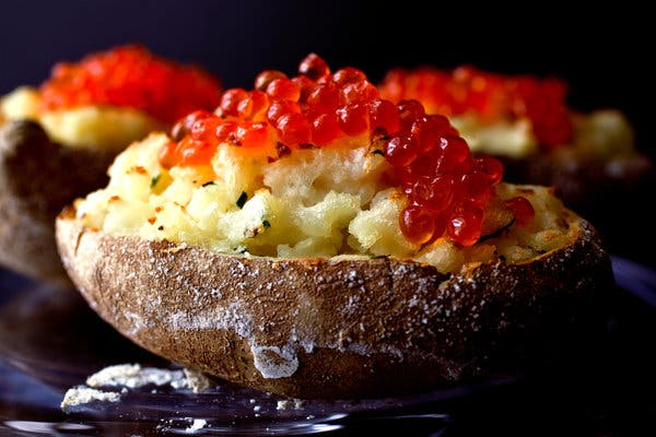 Salmon-Roe-Topped Baked Potatoes With Crème Fraîche