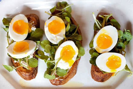 Soft-Boiled Eggs With Watercress and Walnut-Ricotta Crostini