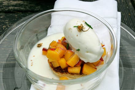 Macerated Peaches With Chamomile Ice Milk and Brioche