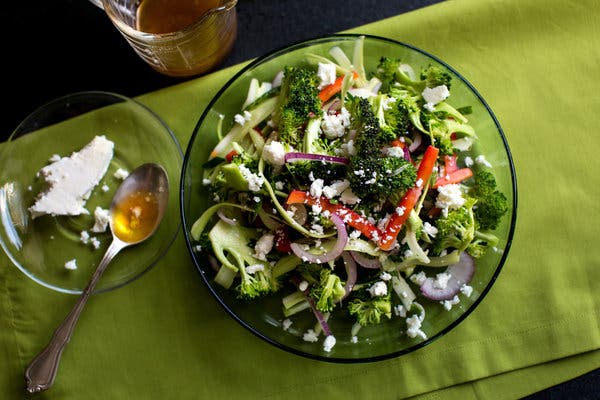 Pre-Summer Greek Salad With Shaved Broccoli and Peppers or Beets