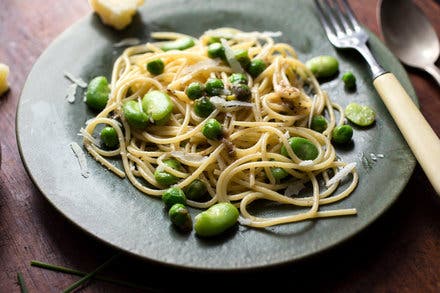 Cacio e Pepe with Peas and Favas