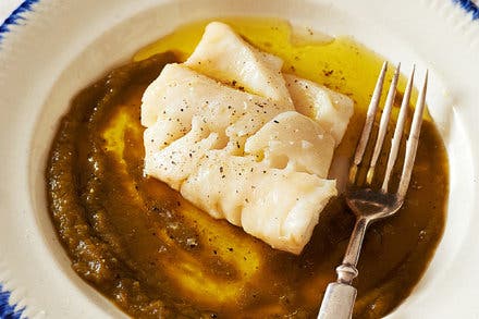 Olive Oil-Poached Cod With Green Pepper Purée