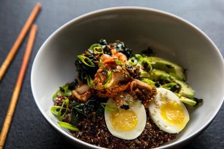 Quinoa and Rice Bowl With Kale, Kimchi and Egg