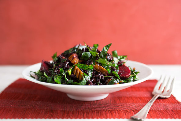 Rice, beet and kale salad with cider flax dressing