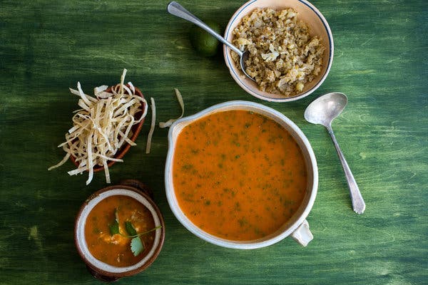 Tortilla Soup With Roasted Cauliflower 'Rice'