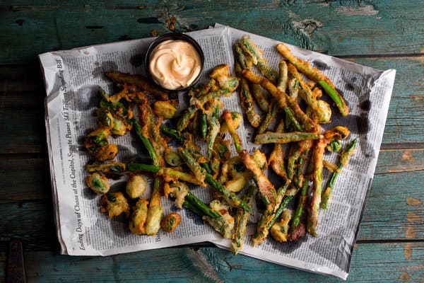 Fried Green Beans, Scallions and Brussels Sprouts With Buttermilk-Cornmeal Coating