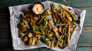 Image for Fried Green Beans, Scallions and Brussels Sprouts With Buttermilk-Cornmeal Coating