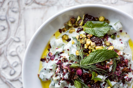 Image for Cucumber Yogurt Salad With Dill, Sour Cherries and Rose Petals