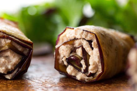 Eggplant Walnut Ricotta Rolls With Fresh Greens and Basil Salad