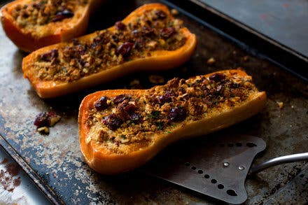 Twice-Baked Butternut Squash With Cashew Cheese, Walnuts and Cranberries