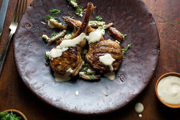 Lamb Chops With Dates, Feta and Tahini