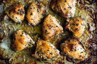 Sheet-Pan Tarragon Chicken With Sherry Vinegar Onions