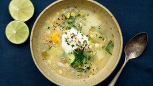 Corn and Clam Chowder With Zucchini and Herbs