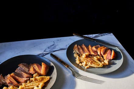 Duck Breast With Braised Belgian Endive, Shaved Cauliflower and Green Peppercorns