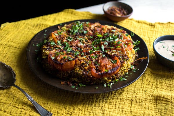 Spiced Maqluba With Tomatoes and Tahini Sauce