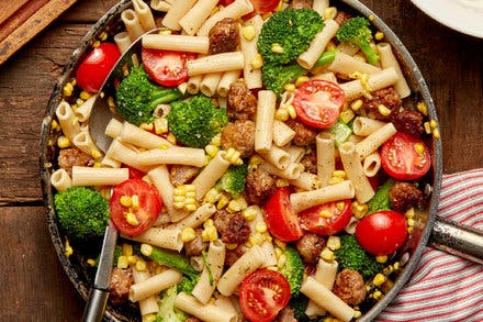 Ziti With Sausage, Sweet Corn, Broccoli and Tomatoes