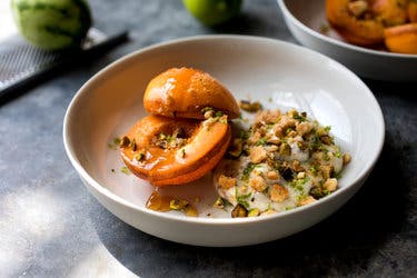 Poached Apricots With Pistachio and Amaretto Mascarpone