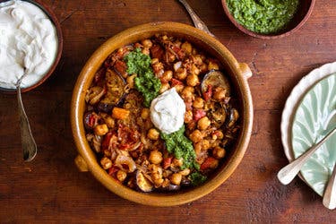 Fried Eggplant With Chickpeas and Mint Chutney