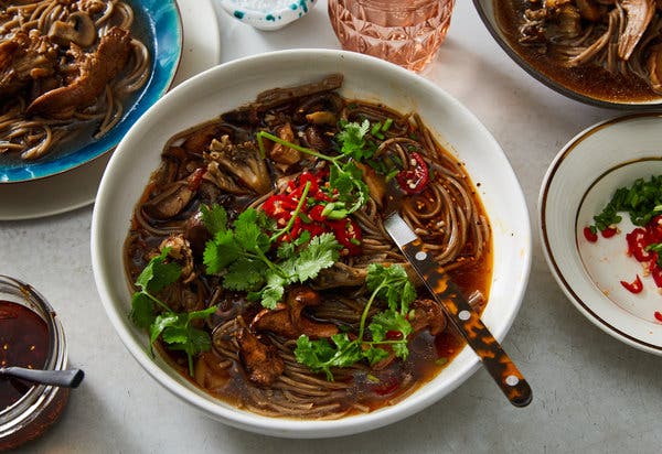 Spicy Noodle Soup With Mushrooms and Herbs