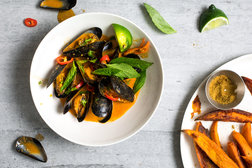 Image for Red Curry Mussels and Roasted Sweet Potatoes