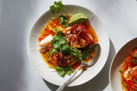 Tomato-Poached Fish With Chile Oil and Herbs