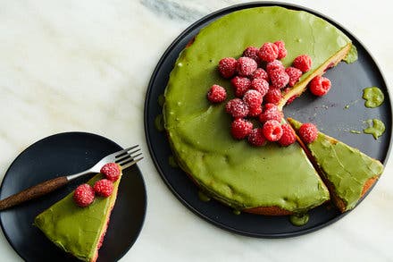 Raspberry-Mochi Butter Cake With Matcha Glaze