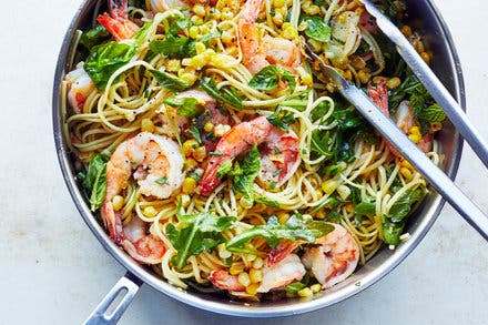 Shrimp Linguine With Herbs, Corn and Arugula