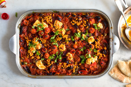 Image for Grilled Tomatoes and Onions With Feta-Harissa Pine Nuts