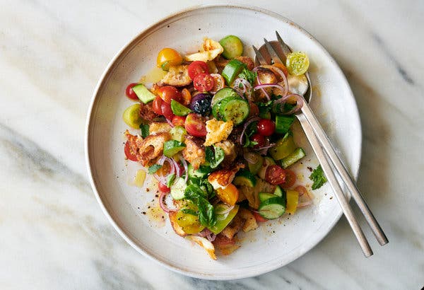 Cucumber-Tomato Salad With Seared Halloumi and Olive Oil Croutons